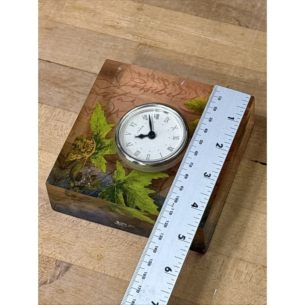 Vintage MCM K&K Craft Quartz Desk Clock Lucite Autumn Leaves Made in China